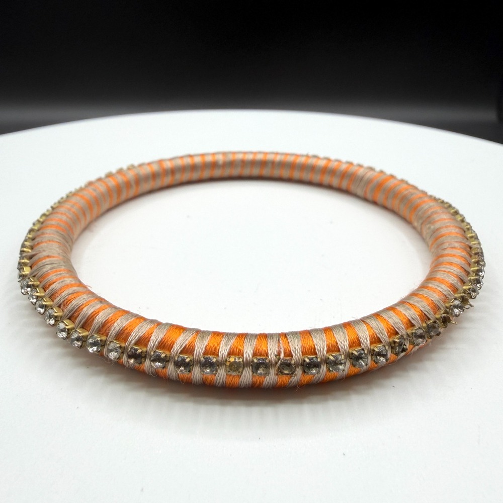 Orange Beige Thread Wrapped Rhinestone Bangle Bracelet Boho Festival Statement
